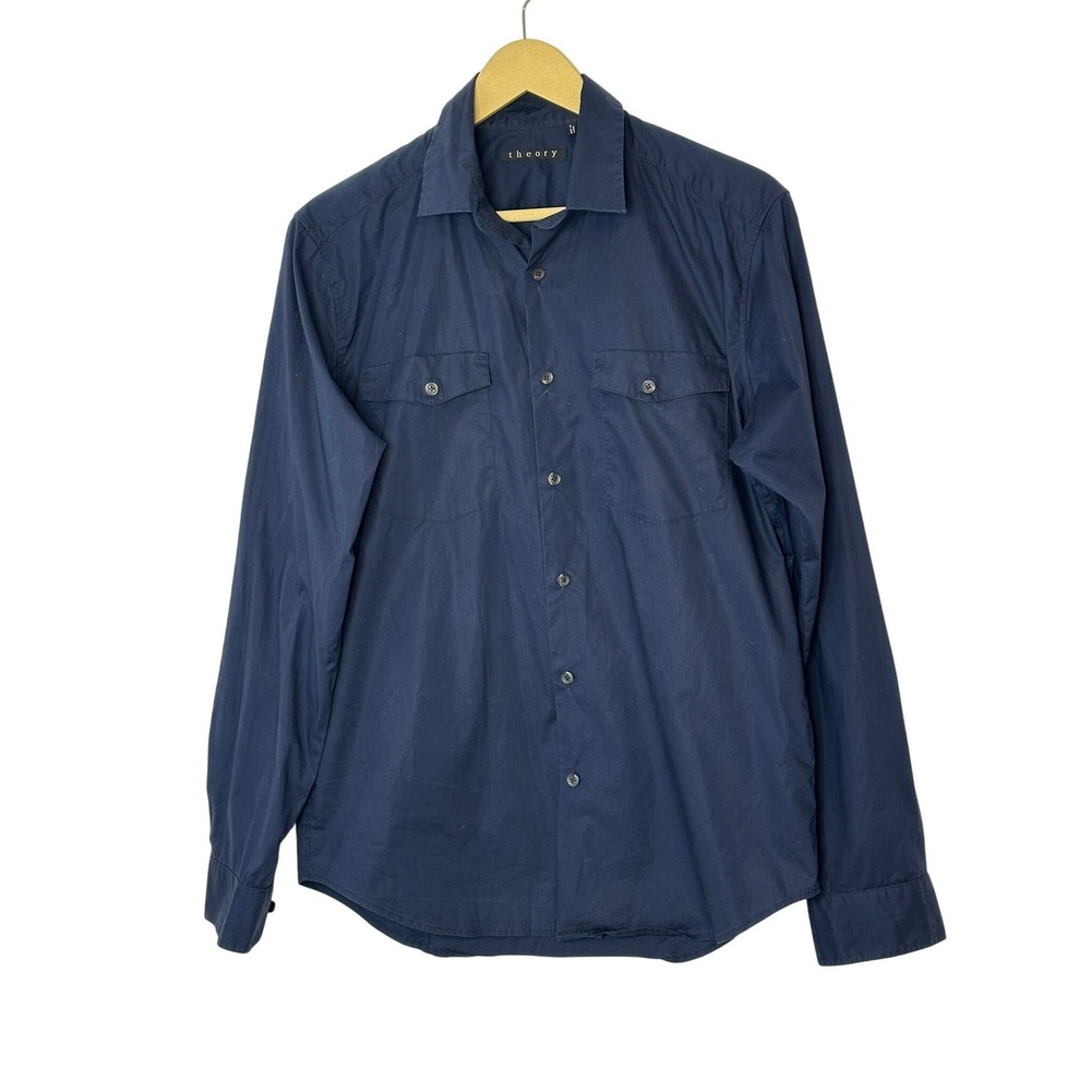 Theory Button Down Shirt Mens Medium Navy Blue Excellent‎ Stretch Utility Pocket